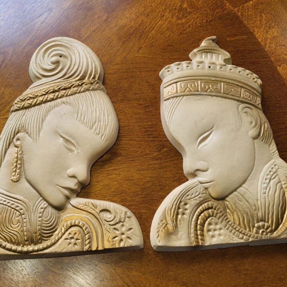 Vintage MCM Painted Metal Wall Plaques Thai Male & Female Heads in Profile